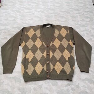Acapulco Cardigan Sweater Mens Large Green Argyle Button V-Neck Long Sleeve